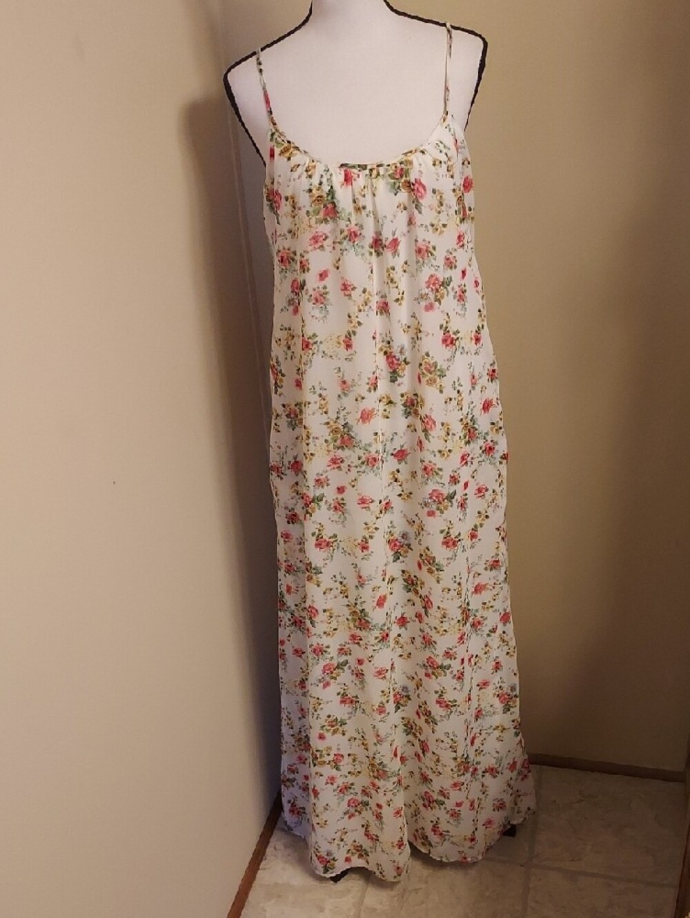 Mango Floral Cream Maxi Slip Dress with Pink and Green Flowers
